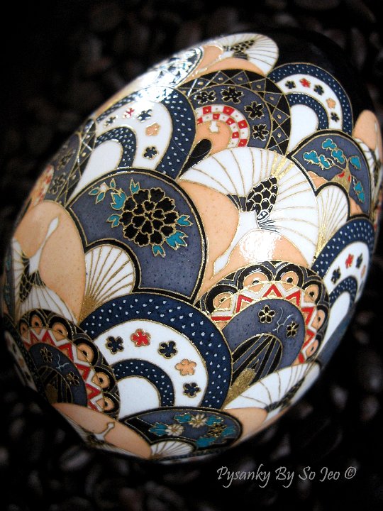 Cranes and Fans ChiyogamiUkrainian Style Easter Egg Pysanky by So Jeo